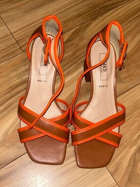 M&S Women's Brown and Orange Strappy Block Heel Sandals NWT wide fit